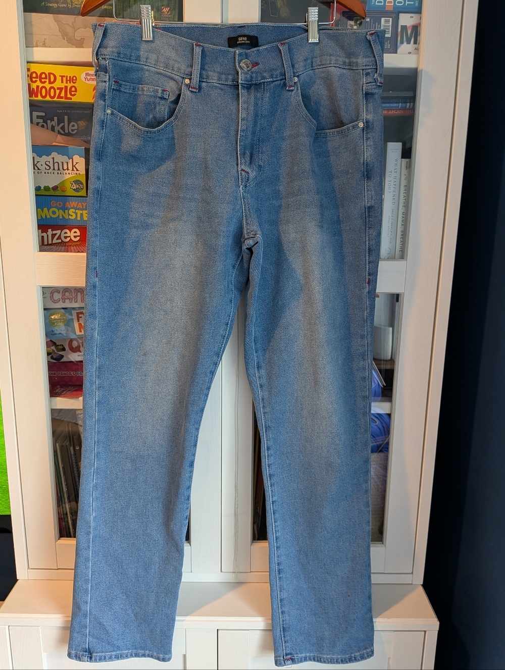 True Religion Geno Relaxed Slim Jeans Mens 34 Blue Red Stitch Horseshoe Logo